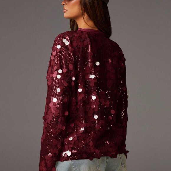 burgundy Party Women's long sleeve sequin Blouses - Picture 2 of 5